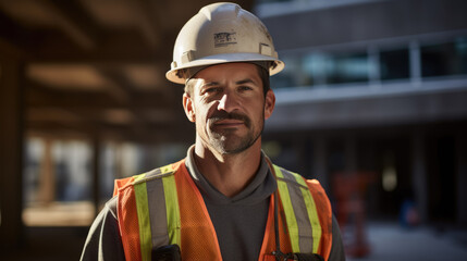 Smiling construction worker, wearing a hard hat,and a reflective vest, stands confidently at a construction site.