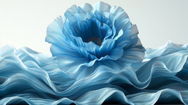  a large blue flower sitting on top of a bed of blue ruffles in front of a white wall.