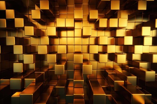Abstract image of gold cubes in a room, suitable for technology or luxury concepts