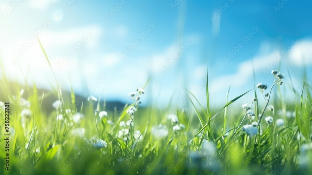 Poster a field of grass with white flowers in the foreground. suitable for nature and spring-themed designs