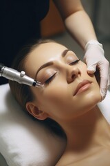 Naklejka premium A woman receiving eyebrow treatment at a beauty salon. Perfect for beauty and wellness concepts