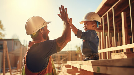 Smiling child in a hard hat is giving a high-five to his father in construction gear, symbolizing a moment of joy and bonding. - obrazy, fototapety, plakaty