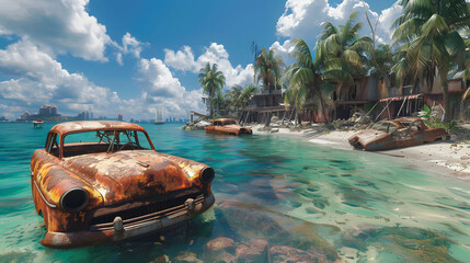A poignant scene of rusted abandoned cars on a tropical beach, contrasting the decay with the beauty of nature