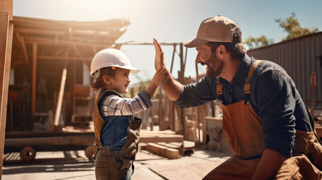 Smiling child in a hard hat is giving a high-five to his father in construction gear, symbolizing a moment of joy and bonding.