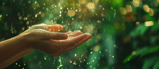 Rainwater filling the palms of a person with open hands - obrazy, fototapety, plakaty
