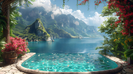 Peaceful pool surrounded by flowers overlooks a sea nestled among towering mountains in a tranquil setting