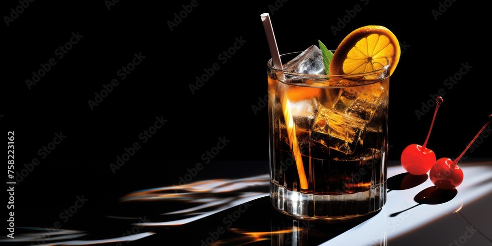 Poster A refreshing drink with a slice of orange and a cherry on a table. Suitable for food and beverage concepts