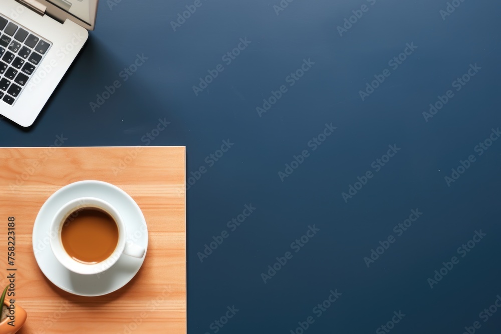 Poster a cup of coffee and a laptop on a table. suitable for business and technology concepts