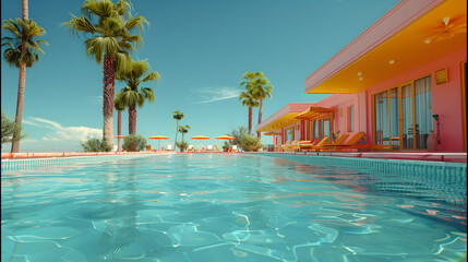 A stylish pink poolside setting with sun loungers under tall palm trees against a clear blue sky
