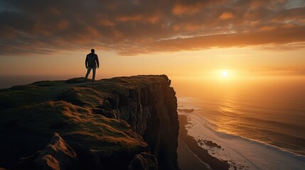 A man standing on top of a cliff overlooking the vast ocean. Suitable for travel and adventure...