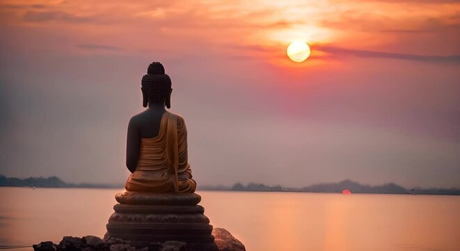 Buddha looking at the sea at sunset.