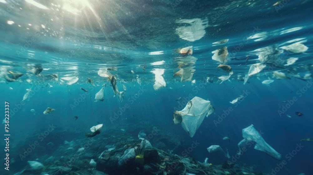 Poster Trash floating in the ocean, suitable for environmental concepts