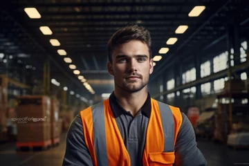 Foto op Canvas A man wearing an orange vest standing in a warehouse. Suitable for industrial and construction concepts © Fotograf