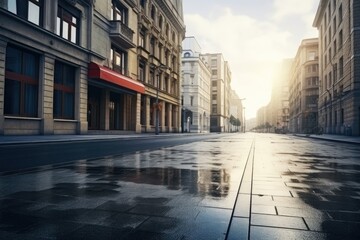 Fototapeta na wymiar Rainy city street with buildings, suitable for urban themes