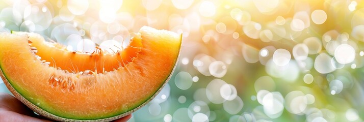 Hand holding cantaloupe slice with fresh selection on blurred background and copy space