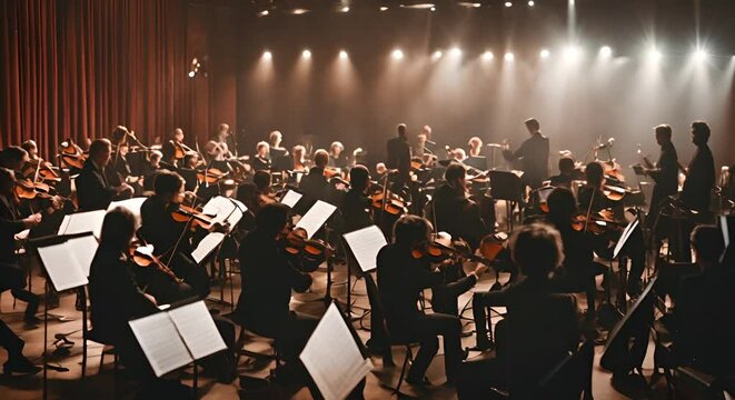 Orchestra playing in a theater or auditorium.