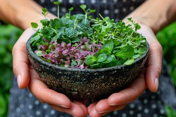 Green shoots in a bowl in the hands of a girl. Proper nutrition, diet, vegan nutrition concept