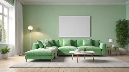 interior green sofa on the background of an empty wall. with an empty frame