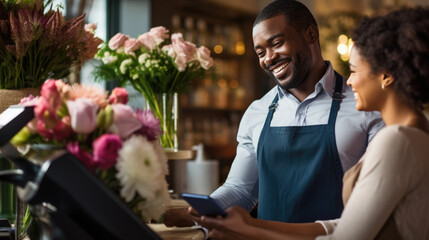 Smiling male florist in an apron is interacting with a customer and using a smartphone, with a variety of flowers in the background within the flower shop.