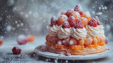  a close up of a cake on a plate with icing and strawberries on the top of the cake. - obrazy, fototapety, plakaty