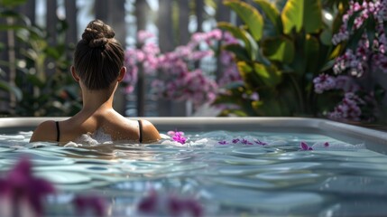 Beautiful young caucasian woman is enjoying a leisurely bath in a swimming pool surrounded by colorful flowers, feeling happy and relaxed, beauty and body care