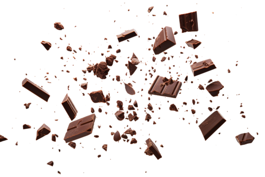 Various types of delicious chocolate falling with choc flake isolated on transparent background Remove png, Clipping Path, pen tool