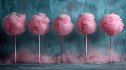  a row of pink cotton candy lollipops sitting on top of pink sticks in front of a blue background. - obrazy, fototapety, plakaty