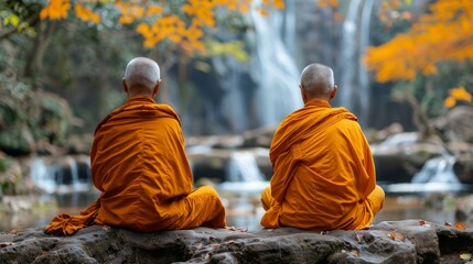  two monks sitting next to each other on a rock in front of a waterfall with a waterfall in the background.