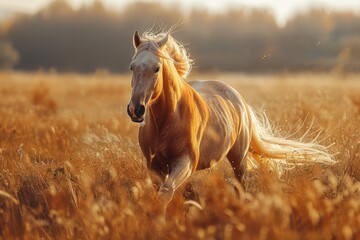 A strong palomino horse gallops with mane flowing in a sunlit, golden field at sunset, capturing the essence of freedom and power - obrazy, fototapety, plakaty