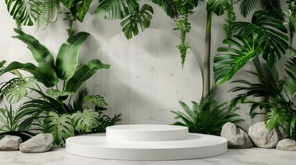 Contemporary podium stage for e-comerse. Front view with green stone and tropical leaves background. Generated by artificial intelligence.