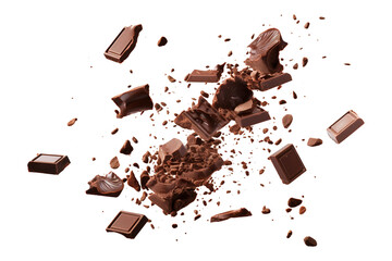 Various types of delicious chocolate falling with choc flake isolated on transparent background...