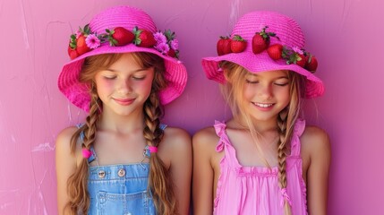  two young girls with strawberries on their hats are standing next to each other in front of a pink wall.