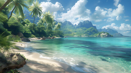 A picturesque digital landscape depicting a pristine beach with white sands and turquoise waters under a bright sky