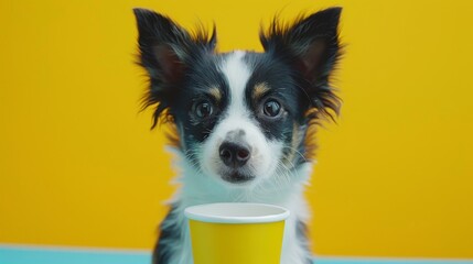  a small black and white dog with a yellow cup in it's mouth and a yellow wall in the background.