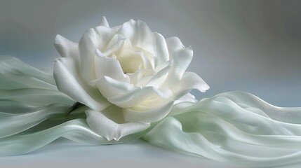  a large white flower sitting on top of a white sheet of satin on top of a white table cloth on top of a table.