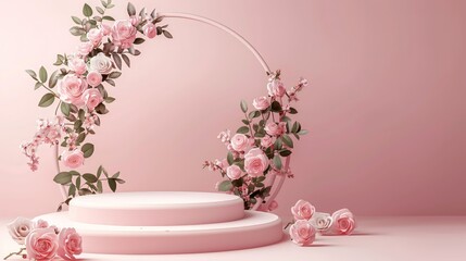 Fototapeta na wymiar 3D rendering of a floral podium with a rose arch for product display presentation on a pink background. Flower decoration with rose flowers and leaves around the steps, soft pastel colors, front view,