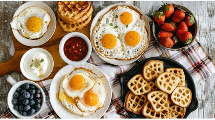 Obraz na płótnie Canvas a table topped with waffles and eggs next to bowls of fruit and a plate of waffles.