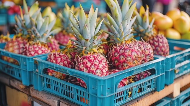  a pile of pineapples sitting on top of a blue crate in front of other pineapples and oranges.