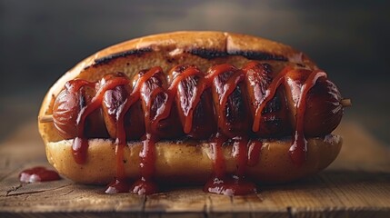  a hot dog covered in ketchup sitting on top of a bun on top of a wooden cutting board.