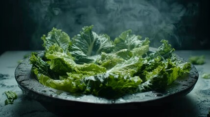  a plate of lettuce on a table with steam coming out of the top of the leafy lettuce. - obrazy, fototapety, plakaty