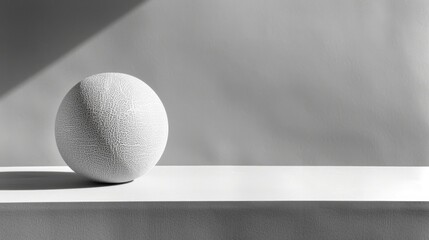  a large white ball sitting on top of a white table next to a gray wall with a shadow cast on it.