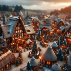 3D rendered cozy winter village scene with festive decorations