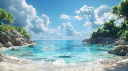 Fototapeta premium A tranquil sandy beach with crystal clear blue water and lush greenery, offering a peaceful paradise escape