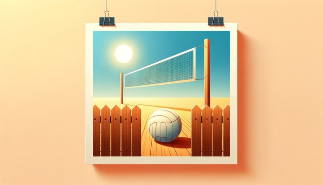 Colorful Beach Volleyball Court Illustration with Sunset