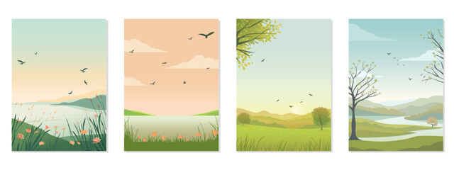 Set of spring and summer landscapes with mountains, trees, lakes, flowers and birds. Vertical editable vector illustration for card, banner, poster, design and print.