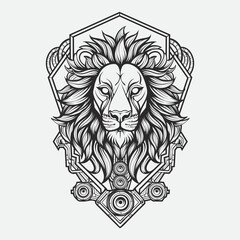 Lion head black and white drawing tattoo design vector illustration