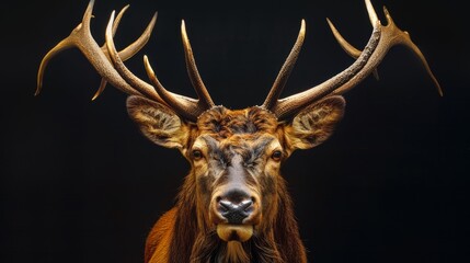  a close up of a deer's head with very large antlers on it's head and a black background.