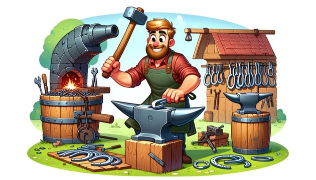 Cartoon blacksmith with anvil and forge illustration