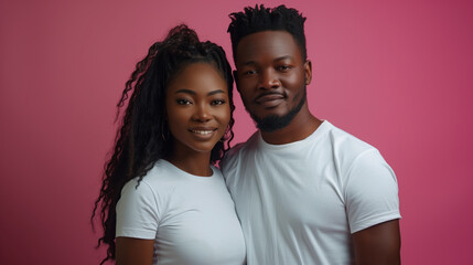 Obraz premium Happy young couple in white t-shirts smiling against a vibrant pink background.