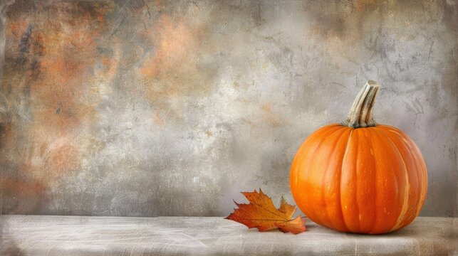  an orange pumpkin sitting on top of a table next to a maple leaf on a gray surface with a grungy wall in the background.